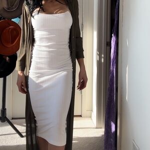 Zara White Ribbed Midi Dress with Olive Green Overlay